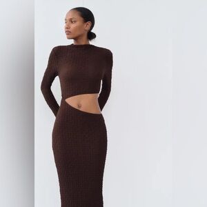 Zara brown long sleeve cut out dress